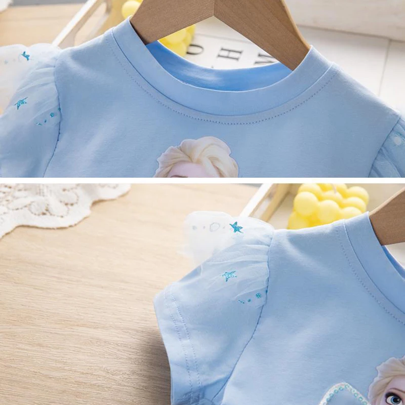 Girls Dresses Kids Toddler 2 3 4 5 6 7 8 Years Pink Blue Frozen Princesss Elsa Little Girl Dress Summer Short Sleeve Lace Dress - Image 5