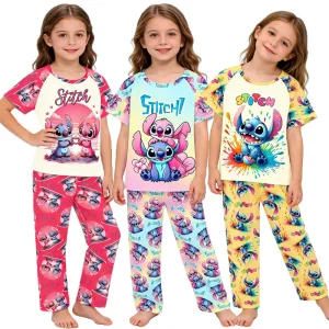 Stitch Pajamas Girls Pijamas Sets Kids Toddler 3 4 5 6 7 8 9 10 11 12 Years Short Sleeve Tops+Pants 2pc/Set Pink Blue Cute Pjs