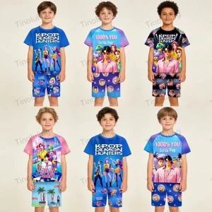 Kids Pajamas Sets Toddler Boy Pijama 3 4 6 8 9 10 11 12 Years Kpop Demon Hunters Summer Pyjama Boys Clothing Tops+Shorts Outfits