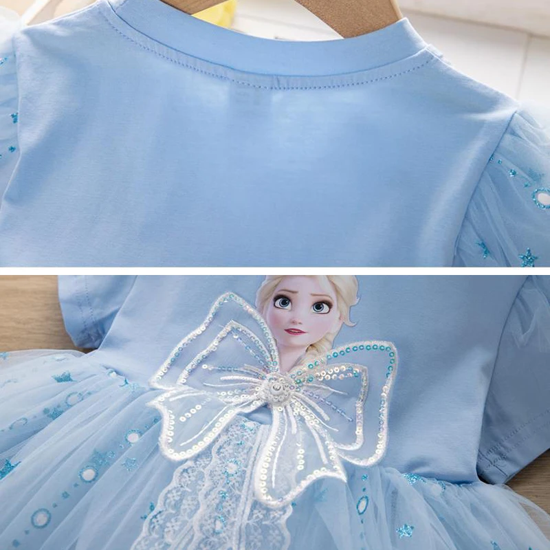 Girls Dresses Kids Toddler 2 3 4 5 6 7 8 Years Pink Blue Frozen Princesss Elsa Little Girl Dress Summer Short Sleeve Lace Dress - Image 6