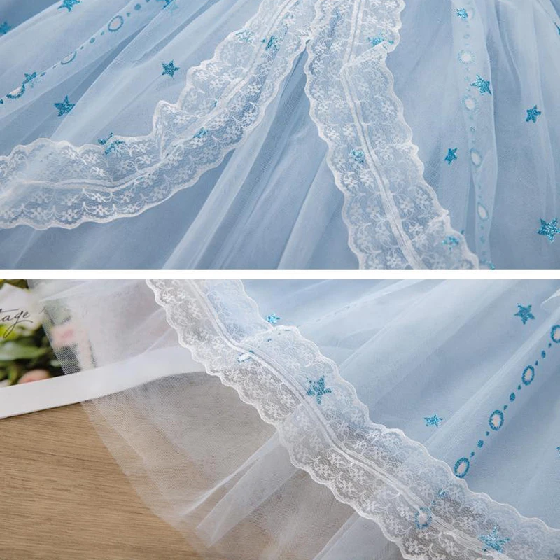 Girls Dresses Kids Toddler 2 3 4 5 6 7 8 Years Pink Blue Frozen Princesss Elsa Little Girl Dress Summer Short Sleeve Lace Dress - Image 4