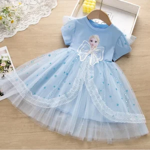 Girls Dresses Kids Toddler 2 3 4 5 6 7 8 Years Pink Blue Frozen Princesss Elsa Little Girl Dress Summer Short Sleeve Lace Dress