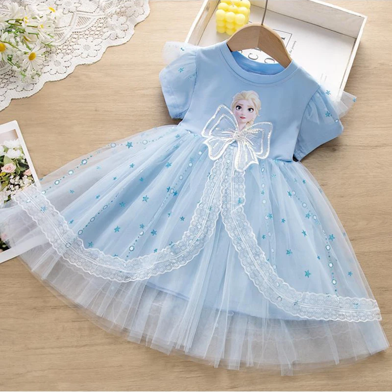 Girls Dresses Kids Toddler 2 3 4 5 6 7 8 Years Pink Blue Frozen Princesss Elsa Little Girl Dress Summer Short Sleeve Lace Dress
