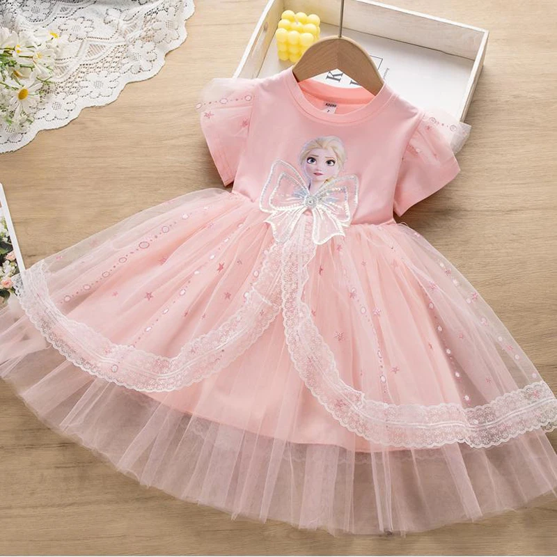 Girls Dresses Kids Toddler 2 3 4 5 6 7 8 Years Pink Blue Frozen Princesss Elsa Little Girl Dress Summer Short Sleeve Lace Dress - Image 2