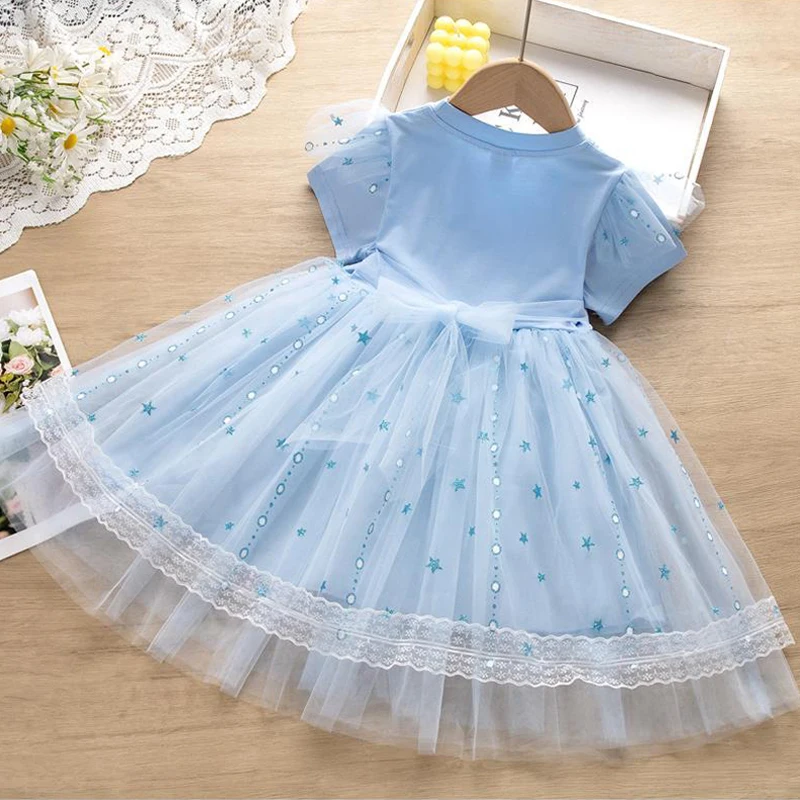 Girls Dresses Kids Toddler 2 3 4 5 6 7 8 Years Pink Blue Frozen Princesss Elsa Little Girl Dress Summer Short Sleeve Lace Dress - Image 3
