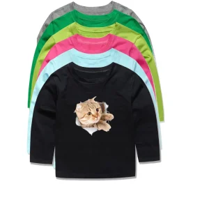 Boys Girls T Shirts Cat Long Sleeve for Kids Clothes Toddlers Baby 1 to 2 3 4 5 6 7 8 9 10 11 12 13 14 Years Children's Clothing